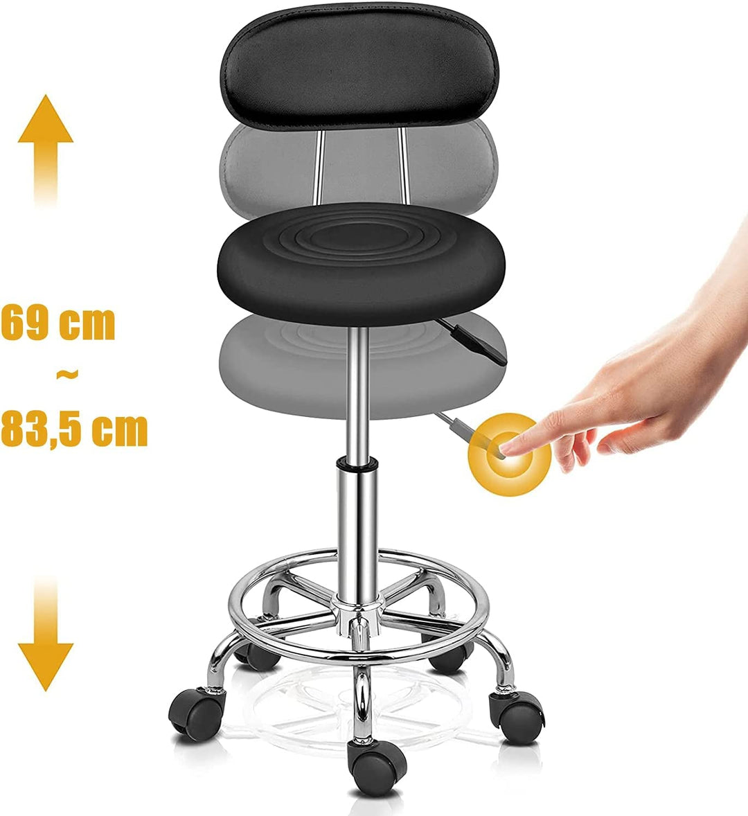 Rollhocker mit Rückenlehne Drehhocker höhenverstellbar 48–58 cm