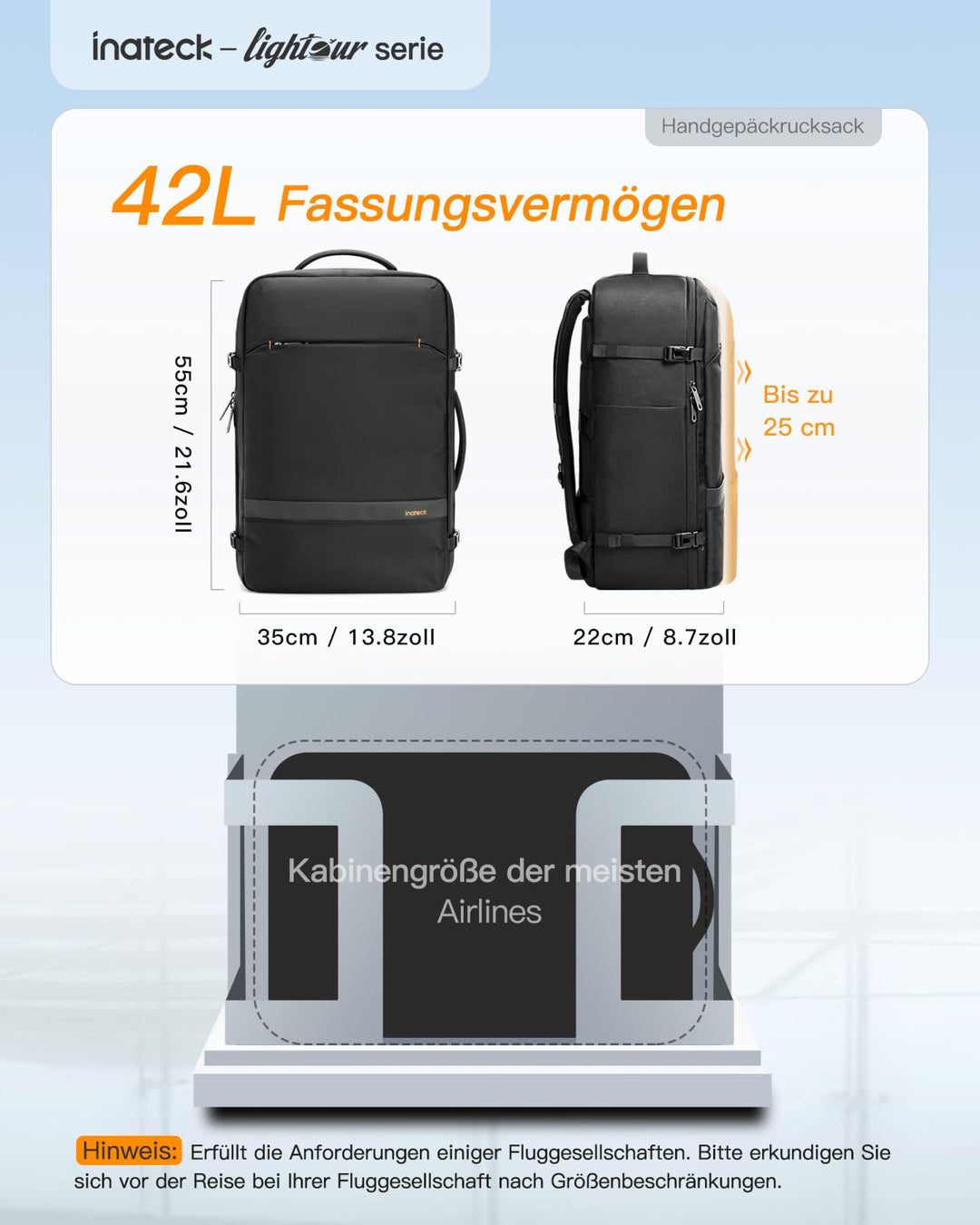 Handgepäck Rucksack 42L Kabinengrösse 55x35x22cm Laptop 15,6" - Bild 5