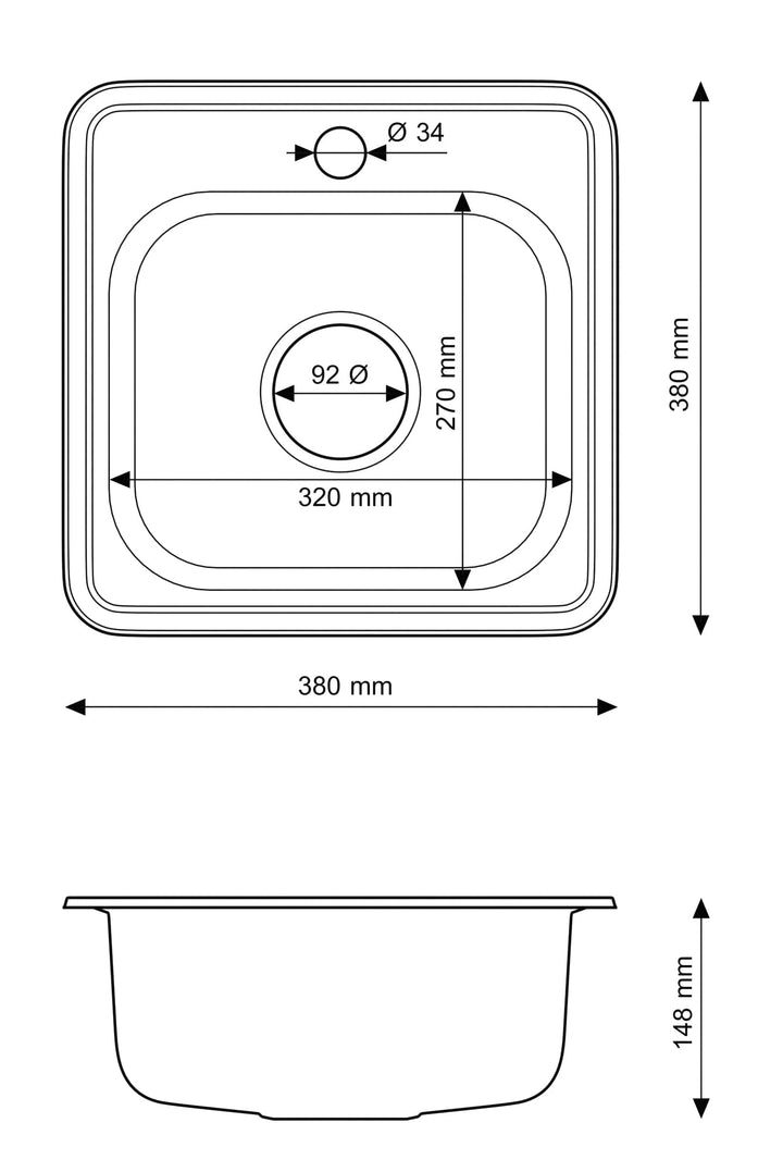 Einbauspüle Edelstahl 38x38 cm mit Siphon und Schallschutzmatte - Bild 3