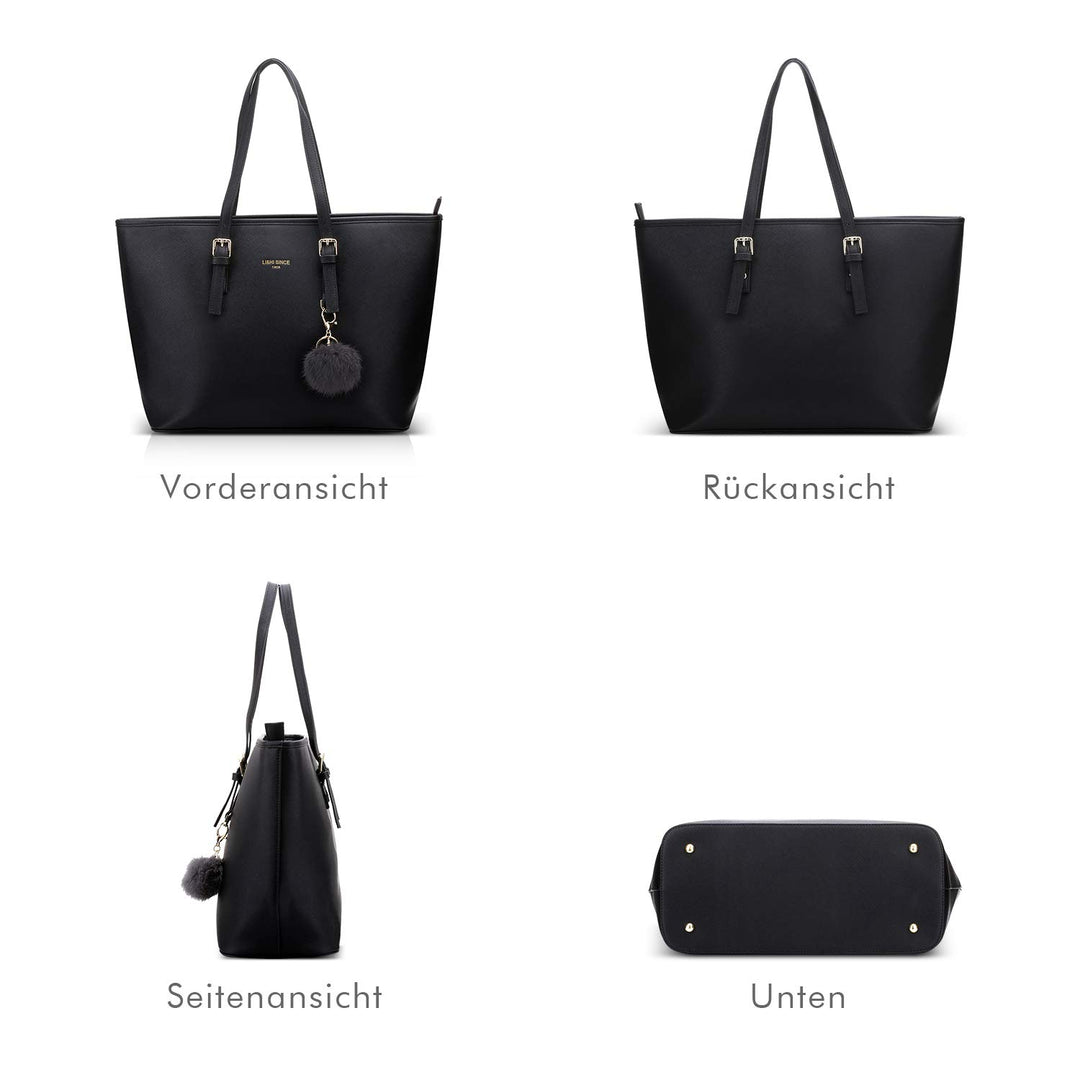 Handtasche Damen Shopper PU-Leder Schwarz mit Haarball 34x29x15 cm - Bild 4