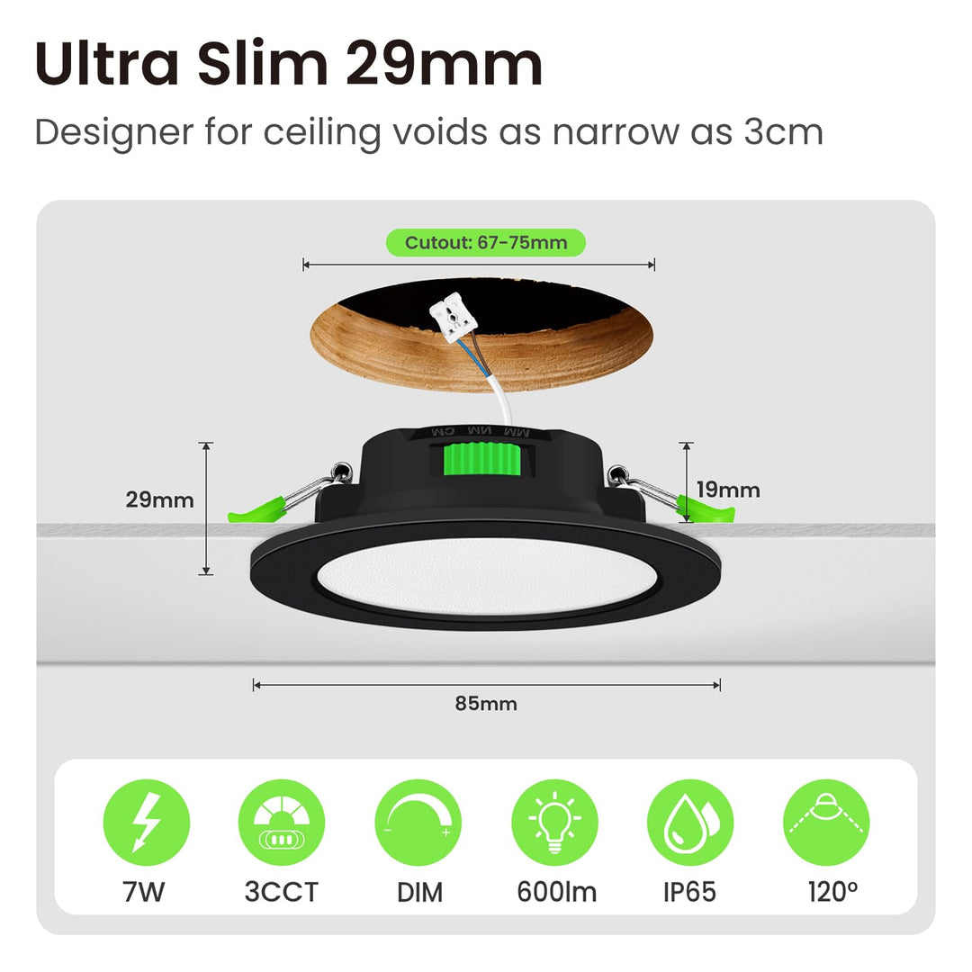 LED Einbaustrahler 7W dimmbar 3CCT IP65 68mm Schwarz 6er Set - Bild 2