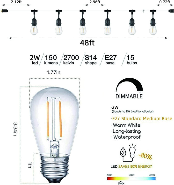 LED Lichterkette Aussen 30m S14 Warmweiss IP65 mit 30 E27-Birnen - Bild 2