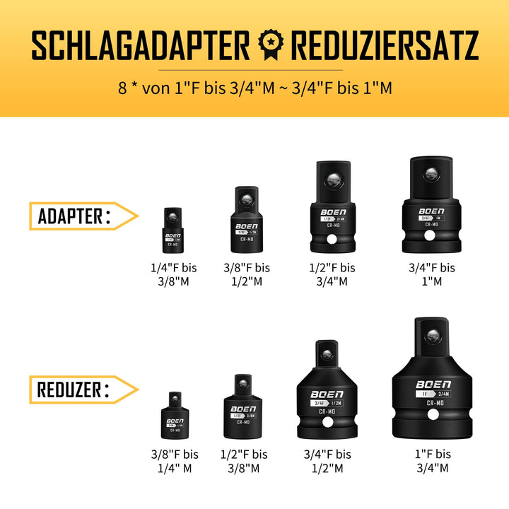 Schlagschrauber Adapter-Set CrMo-Stahl 8-teilig 1/4" bis 1" - Bild 2