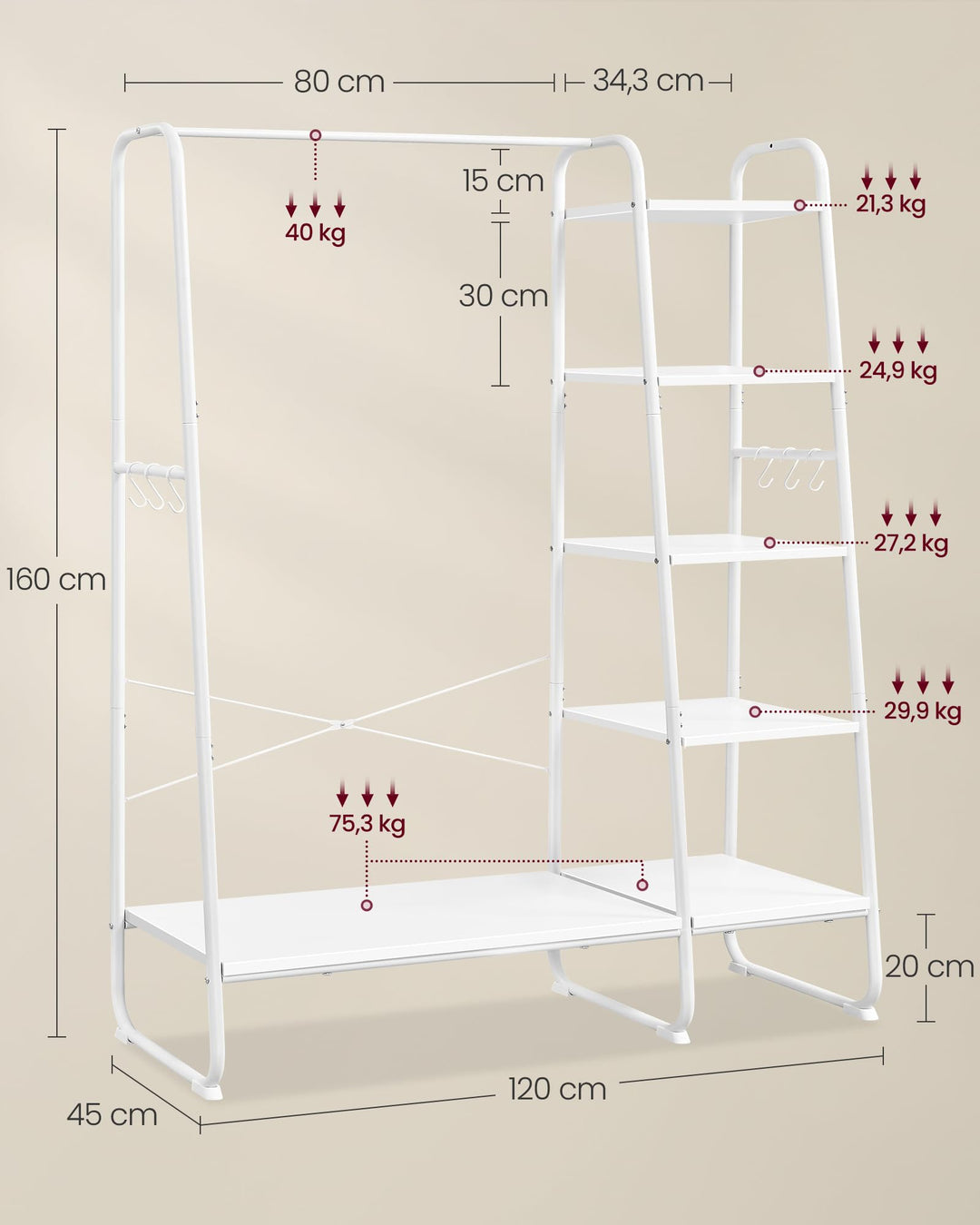 Kleiderständer Stahl und Spanplatte 45x120x160 cm 6 Haken 5 Regalebenen - Bild 6