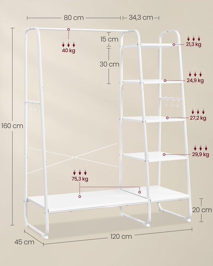 Kleiderständer Stahl und Spanplatte 45x120x160 cm 6 Haken 5 Regalebenen - Bild 6