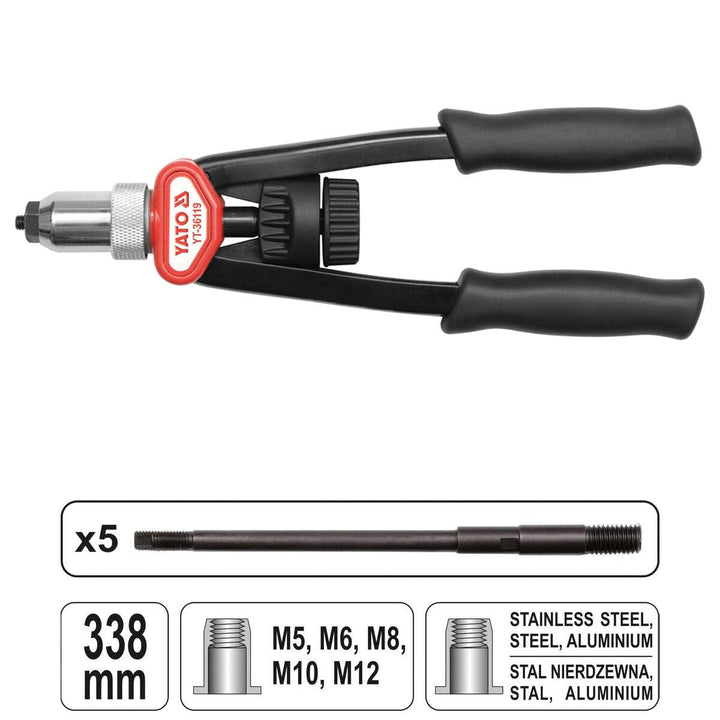 Nietmutternzange M5–M12 mit 5 Mundstücken, 338 mm, CrV-Stahl - Bild 2