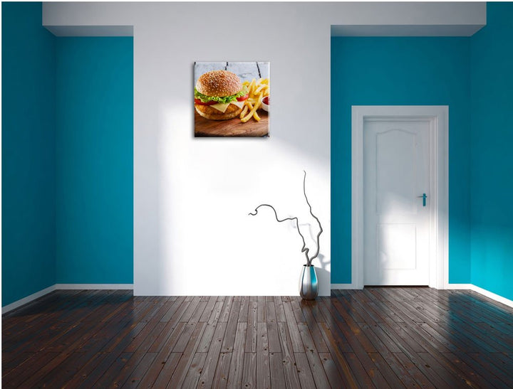 Leinwandbild Chickenburger mit Pommes quadratisch 70x70 cm - Bild 4