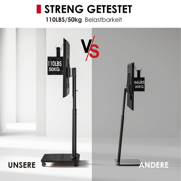 TV Bodenständer rollbar mit Holzregal 43-75 Zoll bis 50kg höhenverstellbar - Bild 8