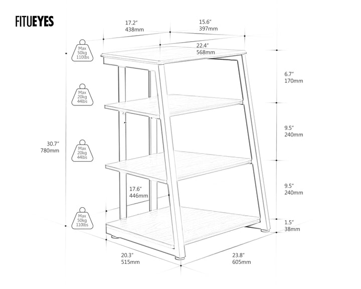 HiFi Rack Holz &amp; Stahl 4 Ablagen verstellbar 61x52x78 cm - Bild 3