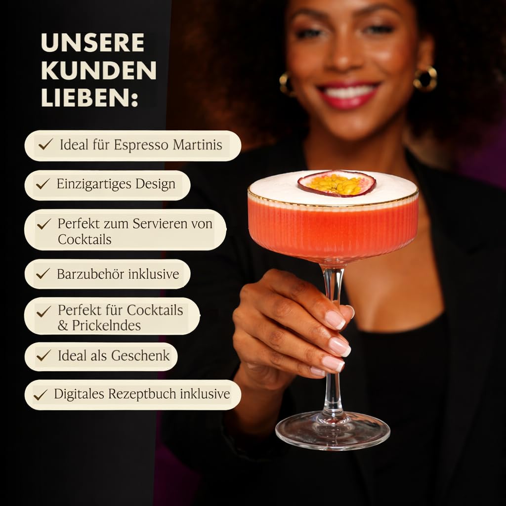 Cocktailgläser Set 4er geripptes Glas 300ml mit Goldrand &amp; Zubehör - Bild 6