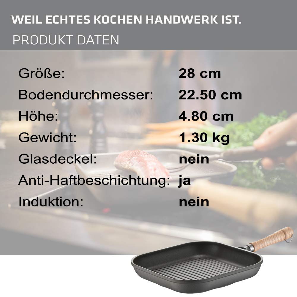 Grillpfanne Aluguss eckig 28x28 cm mit Holzstiel, antihaftversiegelt - Bild 3