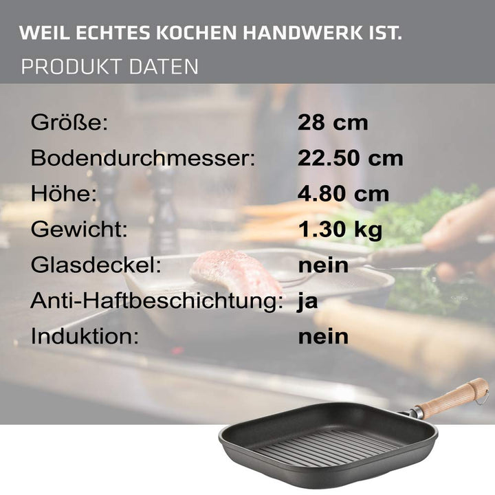 Grillpfanne Aluguss eckig 28x28 cm mit Holzstiel, antihaftversiegelt - Bild 3
