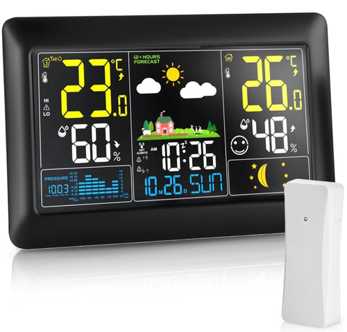 Wetterstation Funk 7,5-Zoll VA-Farbdisplay mit Aussensensor DCF-Uhr