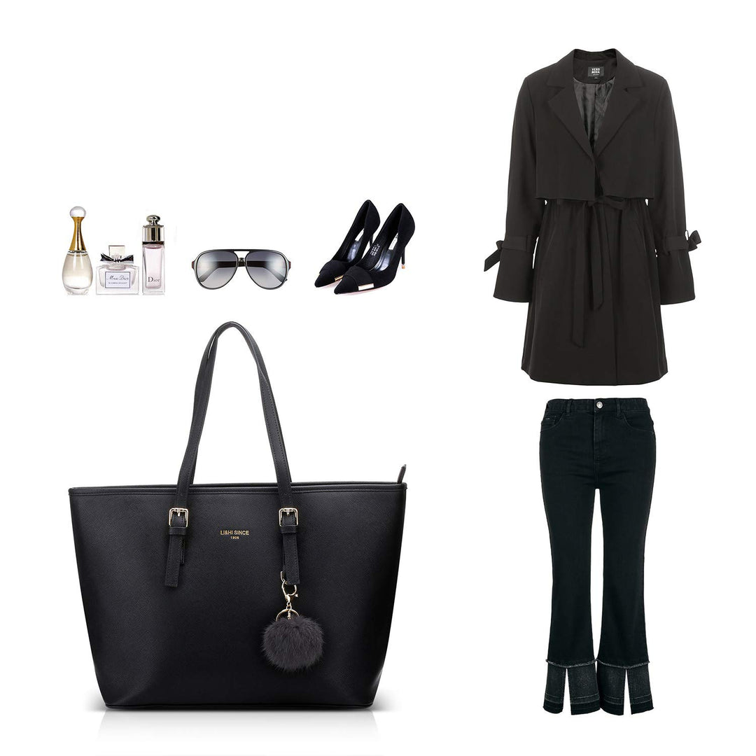 Handtasche Damen Shopper PU-Leder Schwarz mit Haarball 34x29x15 cm - Bild 8