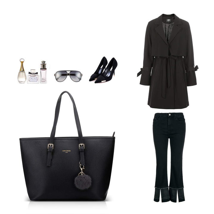 Handtasche Damen Shopper PU-Leder Schwarz mit Haarball 34x29x15 cm - Bild 8