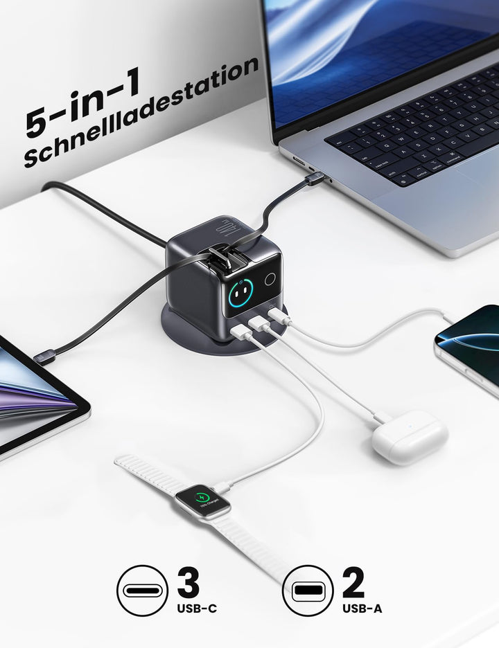 GaN Ladestation 140W 5-in-1 mit 2 einziehbaren USB-C-Kabeln LCD - Bild 3