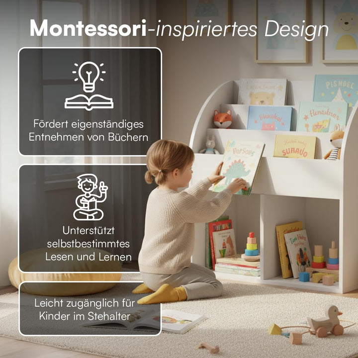 Kinderbücherregal Holz Weiss 3 Fächer mit 2 Ablagefächern Montessori - Bild 3