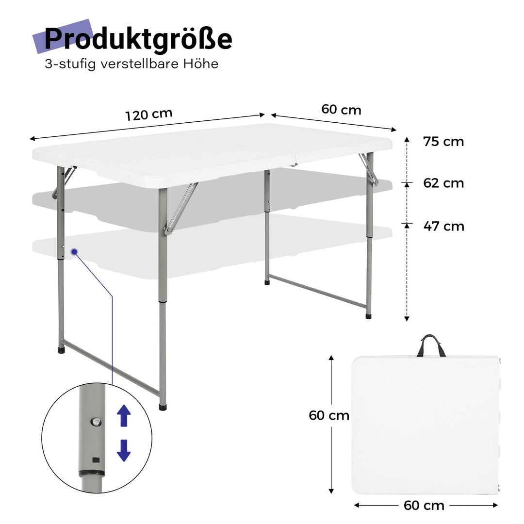 Klapptisch 120x60 cm höhenverstellbar HDPE klappbar tragbar Weiß - Bild 3