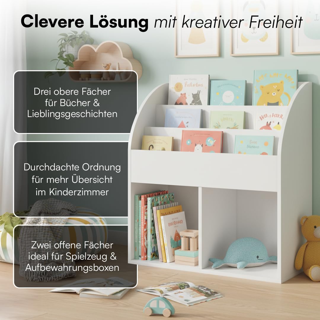 Kinderbücherregal Holz Weiss 3 Fächer mit 2 Ablagefächern Montessori - Bild 4