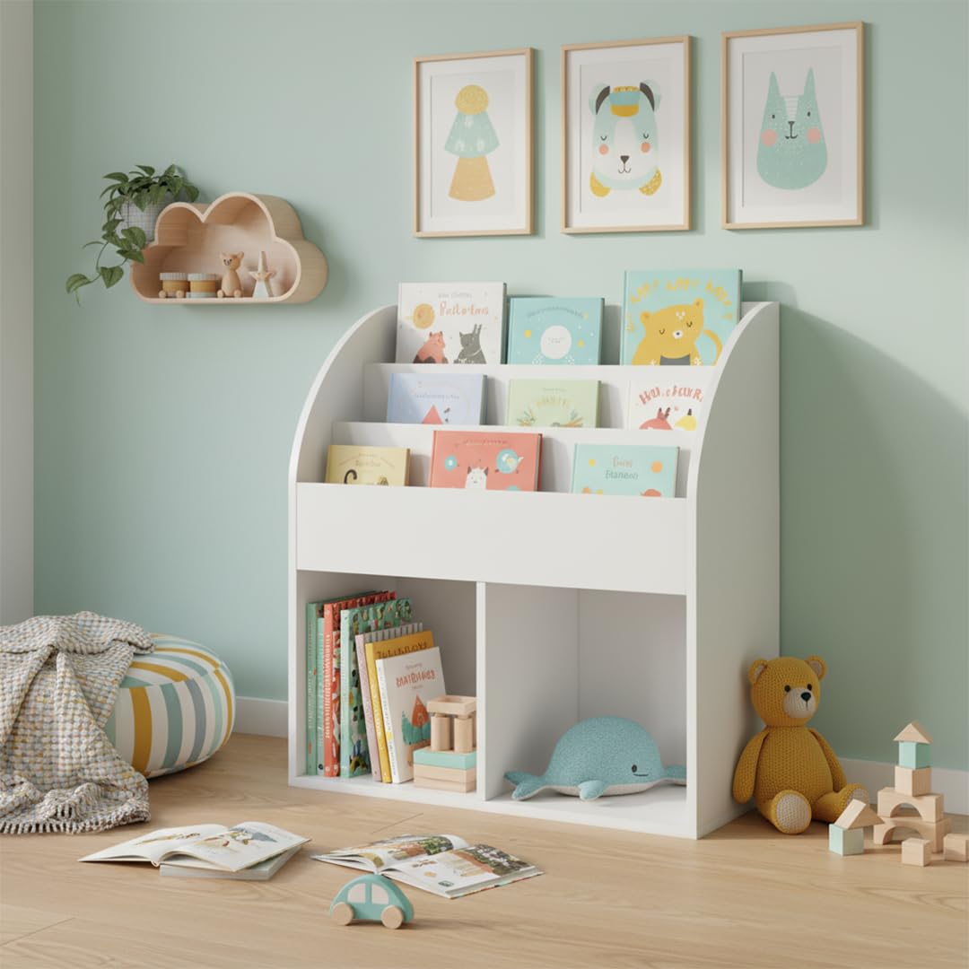Kinderbücherregal Holz Weiss 3 Fächer mit 2 Ablagefächern Montessori - Bild 2