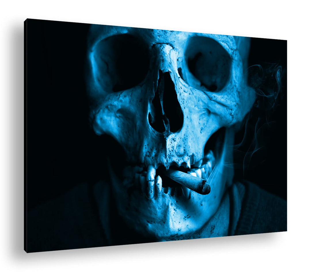 Leinwandbild Schädel Monocrom Blau auf Echtholzrahmen 80x60 cm
