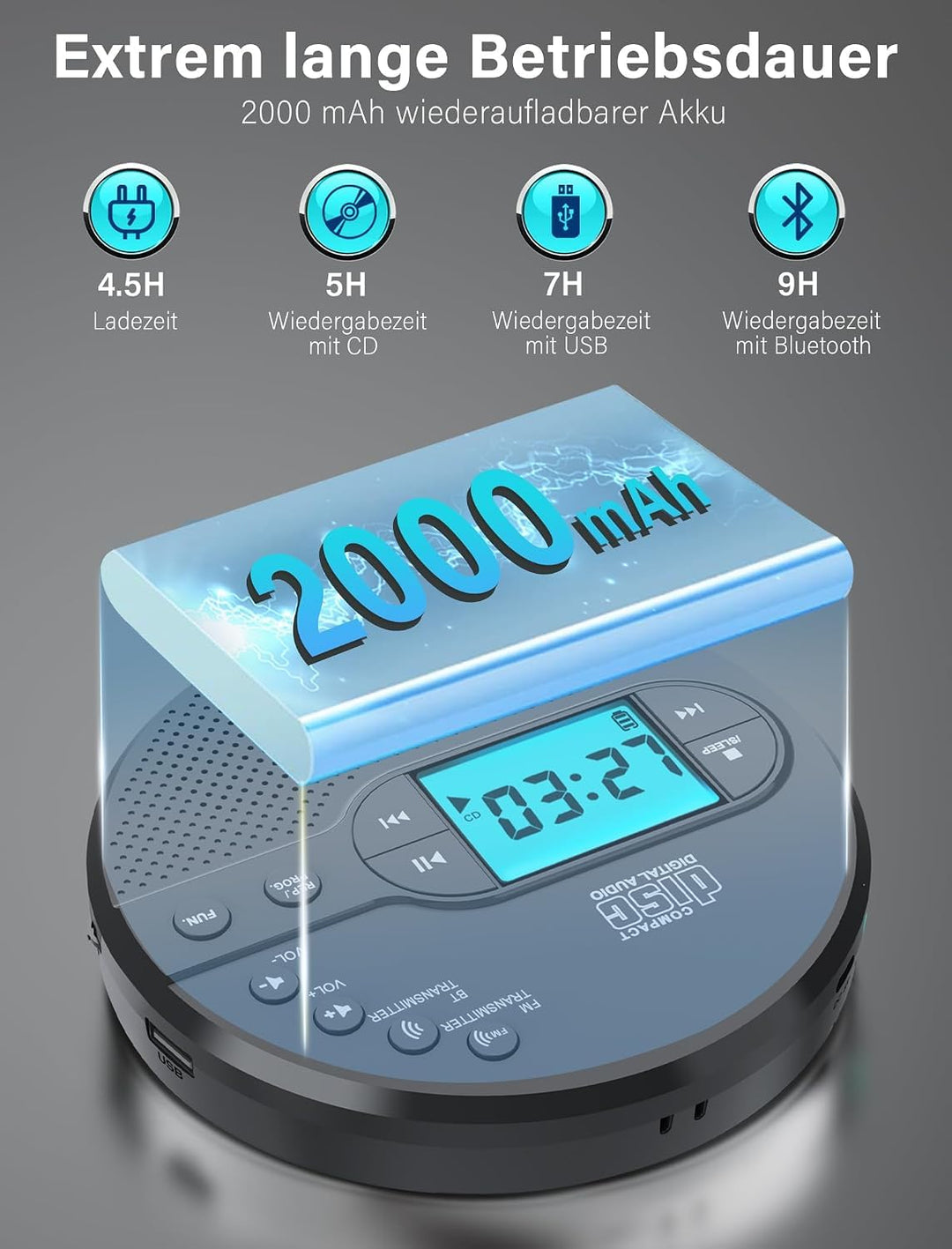 Tragbarer CD-Player mit Bluetooth, FM-Transmitter und LCD-Display - Bild 5