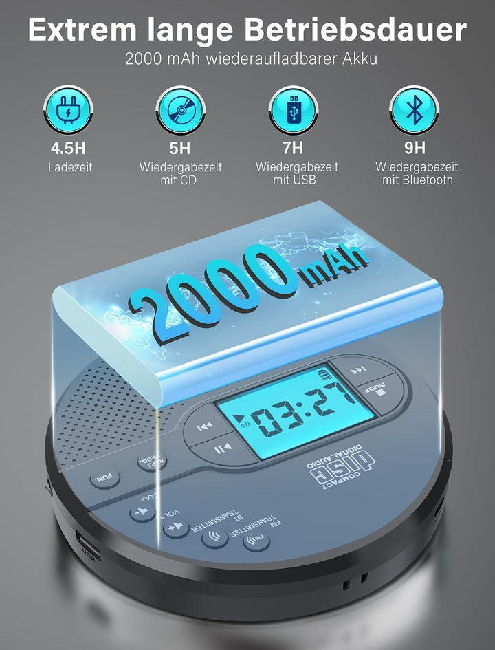 Tragbarer CD-Player mit Bluetooth, FM-Transmitter und LCD-Display - Bild 5