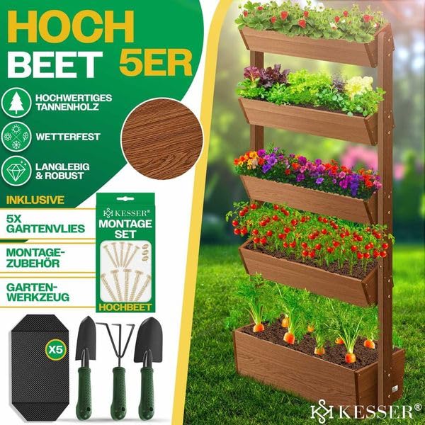Hochbeet Stufenbeet 5 Etagen Tannenholz mit Gartenvlies &amp; Schaufelset - Bild 2