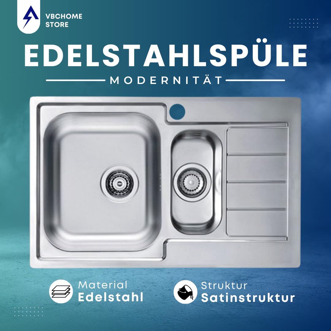 Einbauspüle Edelstahl 79x50 cm 1,5 Becken mit Abtropffläche rechts - Bild 3
