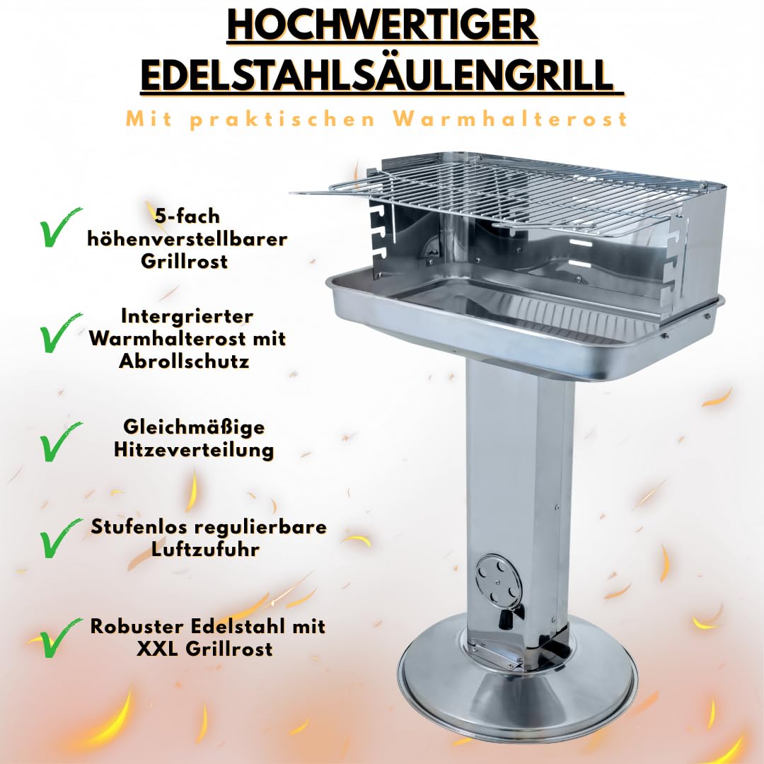 Säulengrill Holzkohle Edelstahl mit verstellbarem Rost 54x34 cm - Bild 3