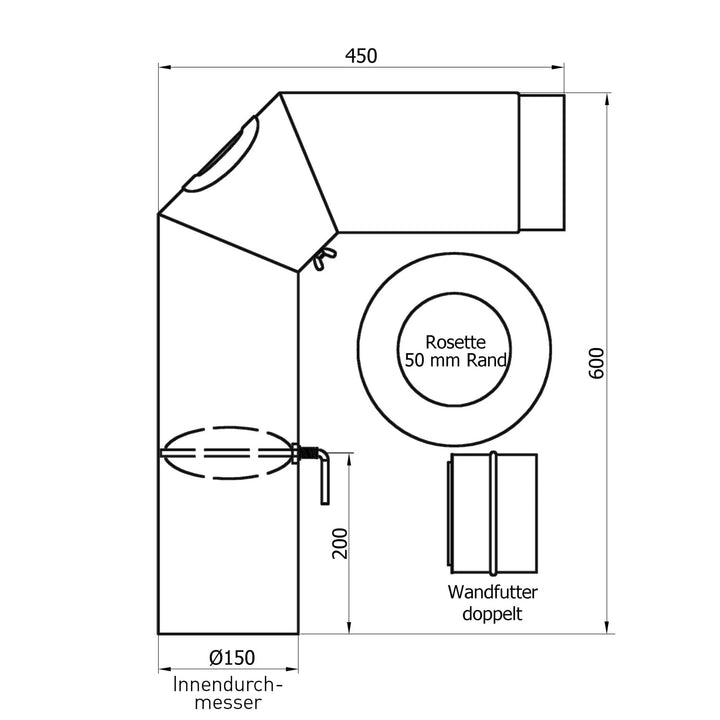 Rauchrohr-Set 150 mm Gussgrau 90° Bogen mit Zugregulierung und Reinigungsöffnung - Bild 8