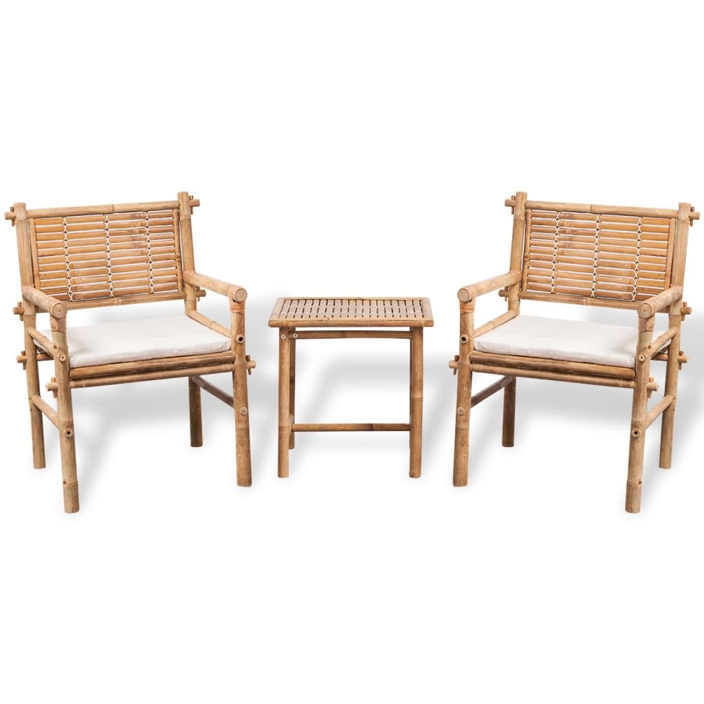 Bistro-Set Bambus 3-teilig mit Sitzkissen für Balkon &amp; Terrasse
