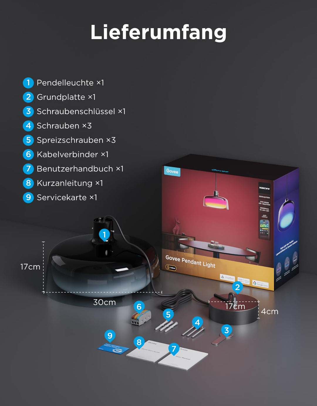 Pendelleuchte Smart RGBIC 3-Ring Esstisch 16 Mio. Farben - Bild 9