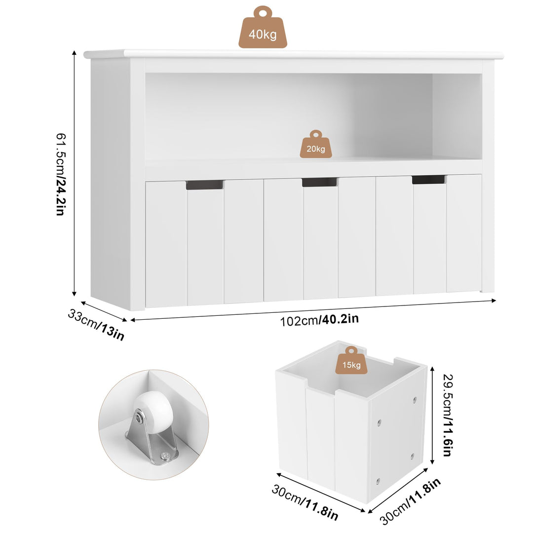 Kinderregal mit 3 Schubladen auf Rollen MDF weiss 102x33x62 cm - Bild 3