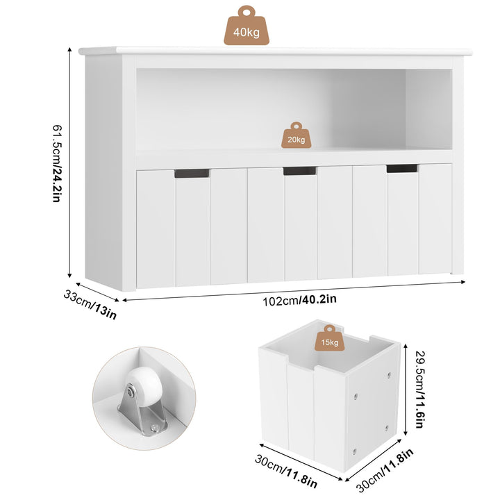 Kinderregal mit 3 Schubladen auf Rollen MDF weiss 102x33x62 cm - Bild 3