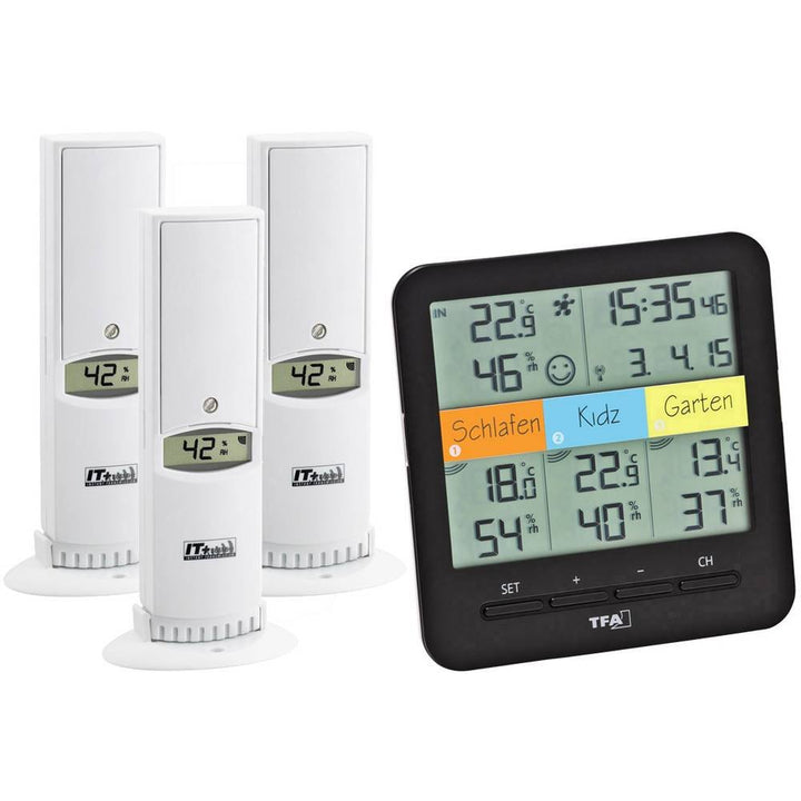 Funk-Thermo-Hygrometer mit 3 Sendern für 4 Räume, Schwarz