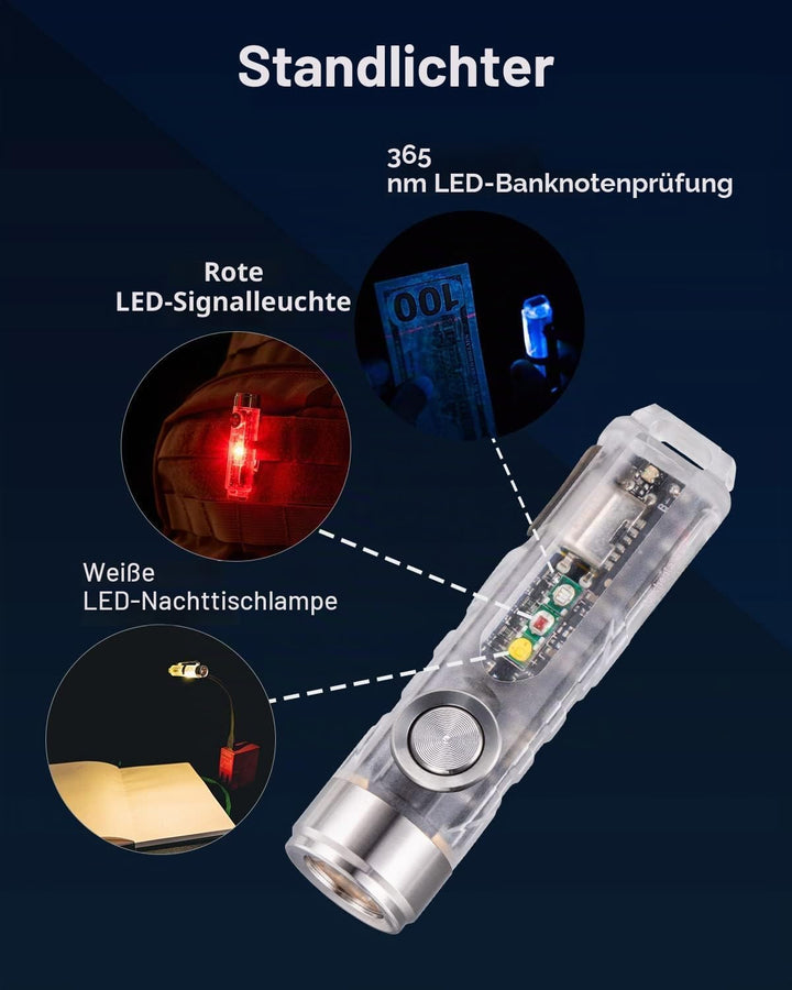 EDC Schlüsselanhänger Taschenlampe 650 lm USB-C 6500K mit UV/Rot/Weiss - Bild 2
