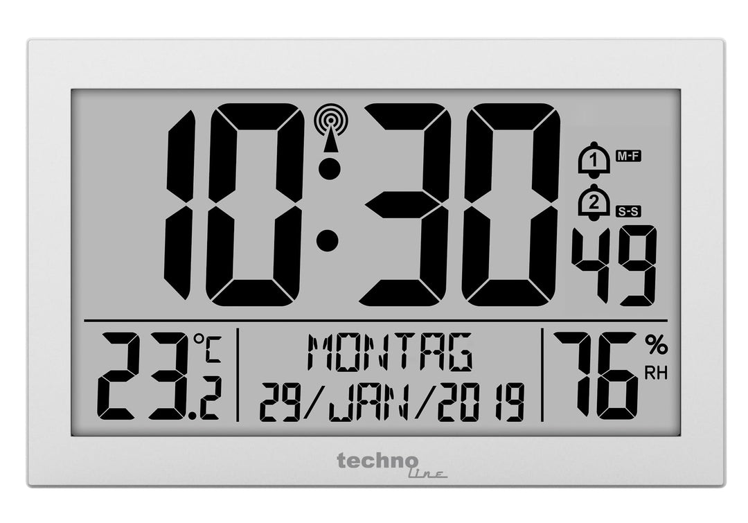Funk-Wanduhr digital DCF77 mit Temperatur &amp; Luftfeuchtigkeit, 2 Weckalarme, Silber