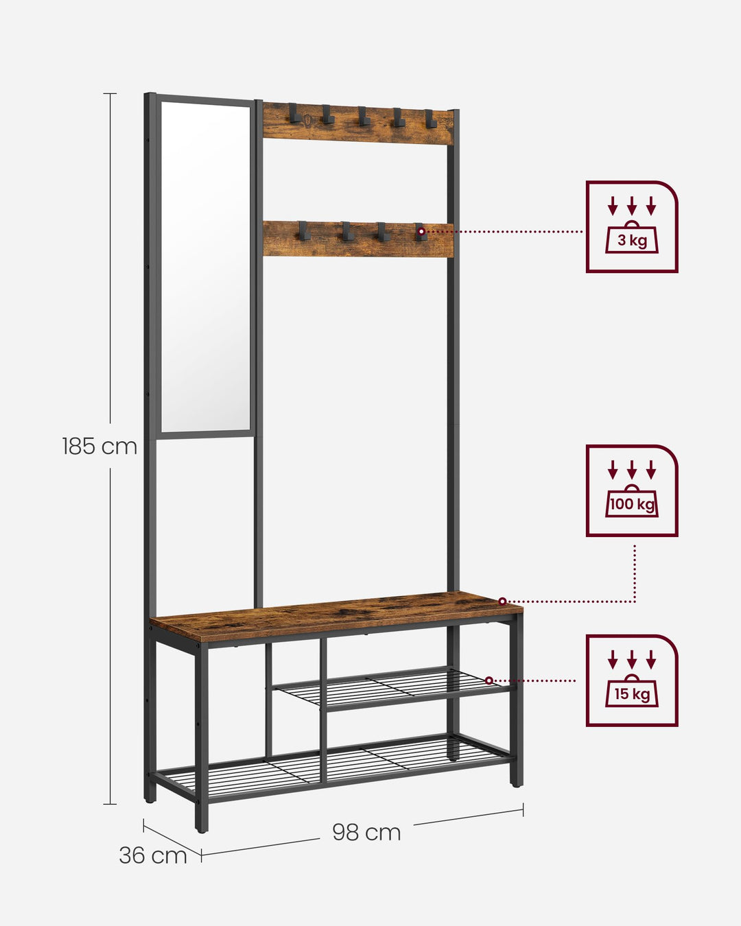 Garderobenständer 4-in-1 mit Spiegel, Schuhbank und Haken, 185 cm - Bild 7