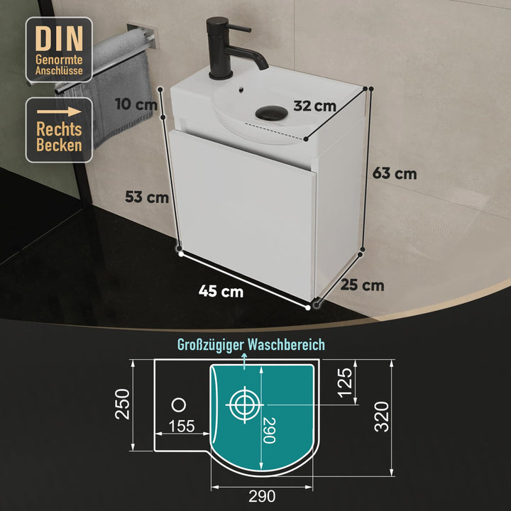 Waschbecken mit Unterschrank hängend 45 cm Gäste-WC Weiß - Bild 6