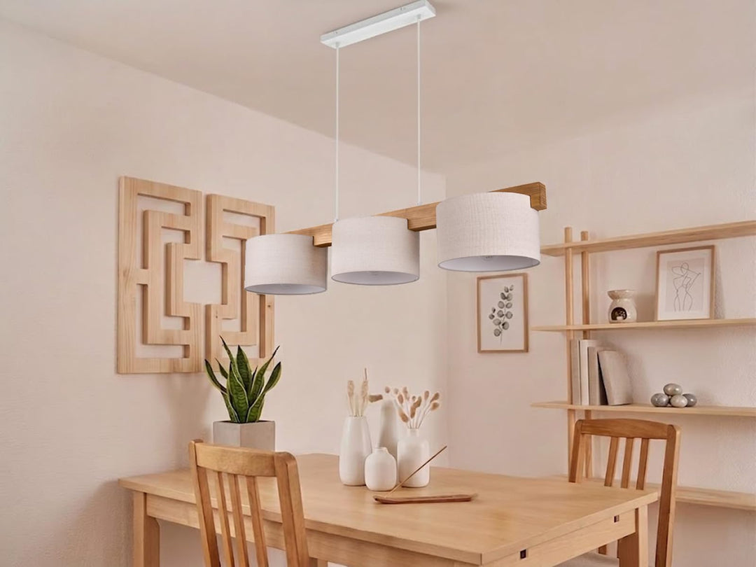Pendelleuchte Holz Stoff 3-flammig 100cm breit Esszimmer - Bild 9