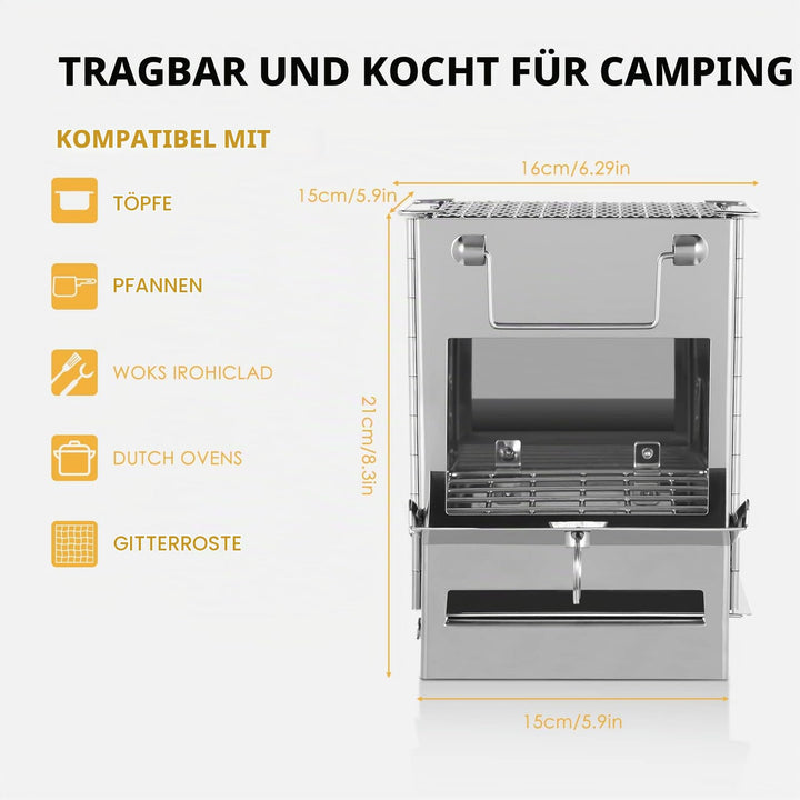 Camping-Holzofen Edelstahl 304 klappbar mit Grillnetz und Tasche - Bild 3