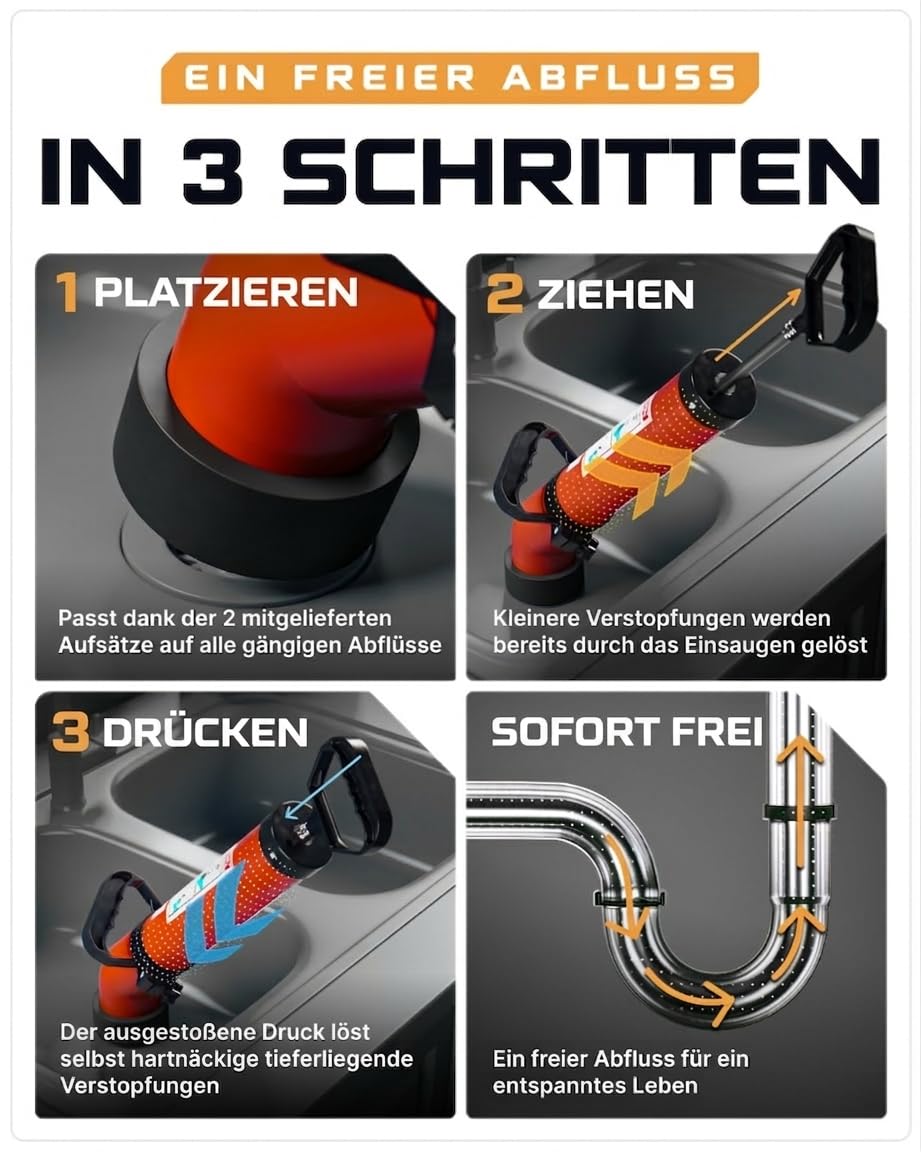 Rohrreinigungspumpe Druckluft ABS mit 2 Gummi-Adaptern für Abflüsse - Bild 2