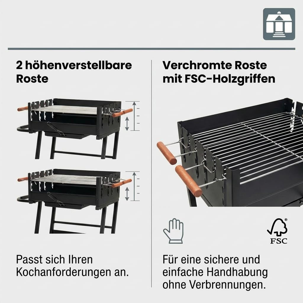 Holzkohlegrill Stahl mit 2 höhenverstellbaren Rosten und Rollen - Bild 2