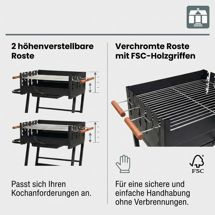 Holzkohlegrill Stahl mit 2 höhenverstellbaren Rosten und Rollen - Bild 2