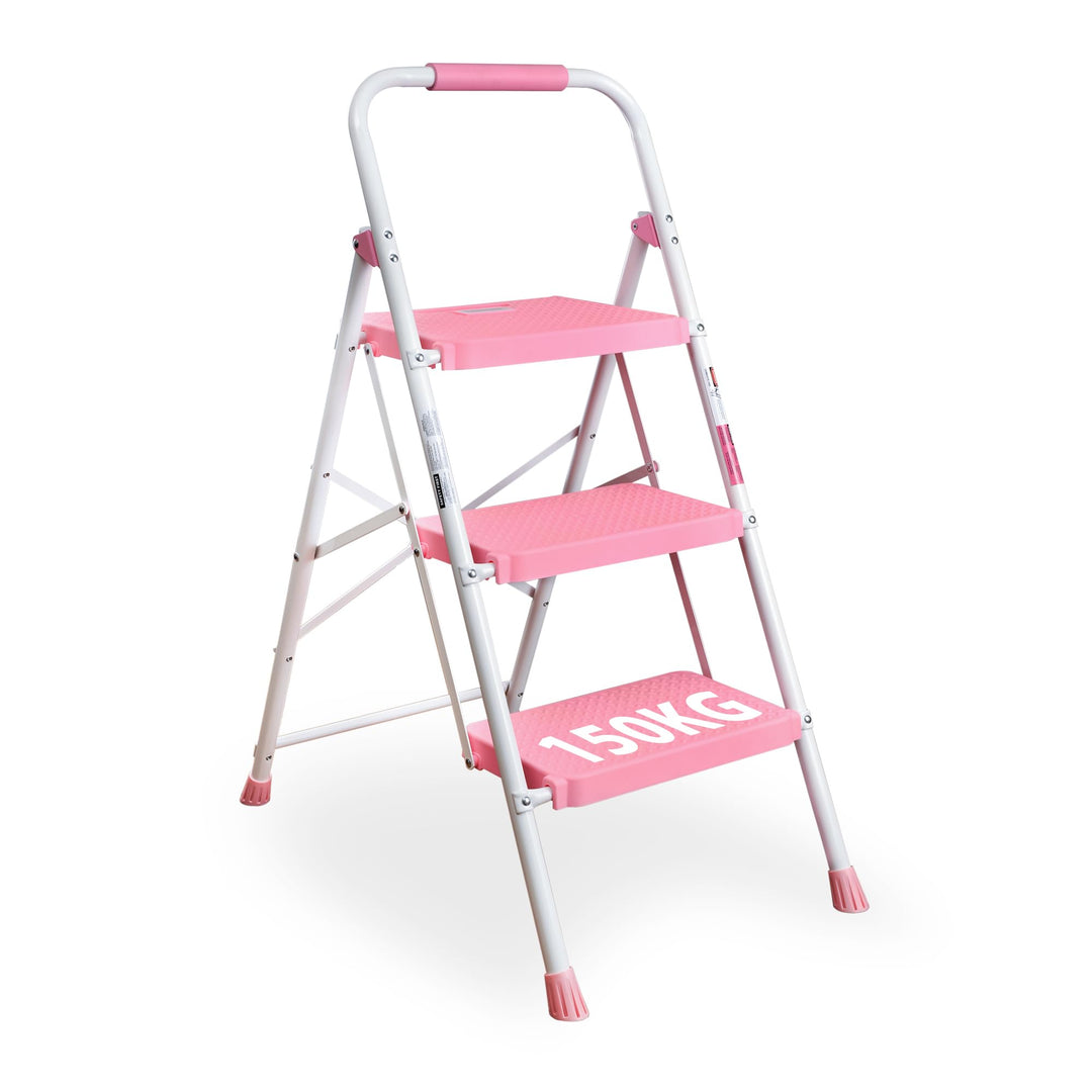Trittleiter 3 Stufen klappbar Stahl 150 kg rosa mit Antirutsch