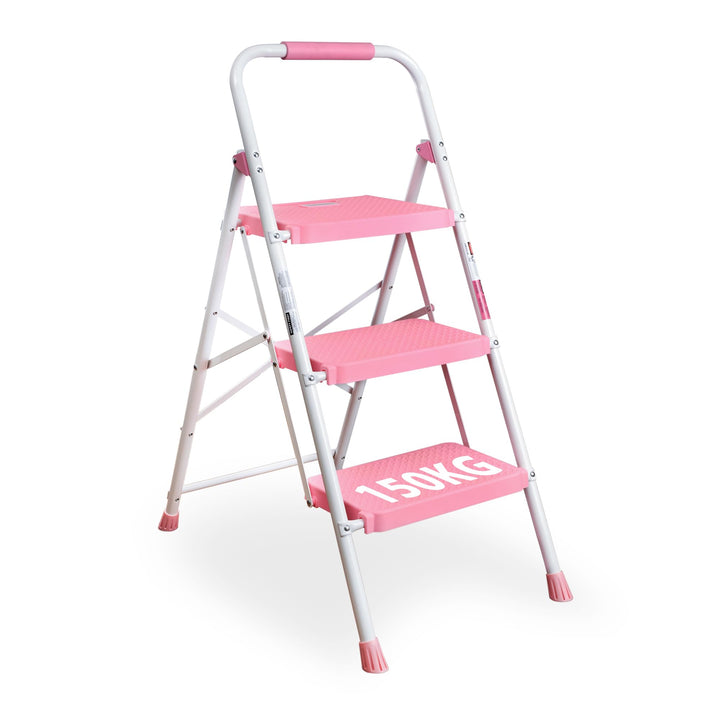 Trittleiter 3 Stufen klappbar Stahl 150 kg rosa mit Antirutsch