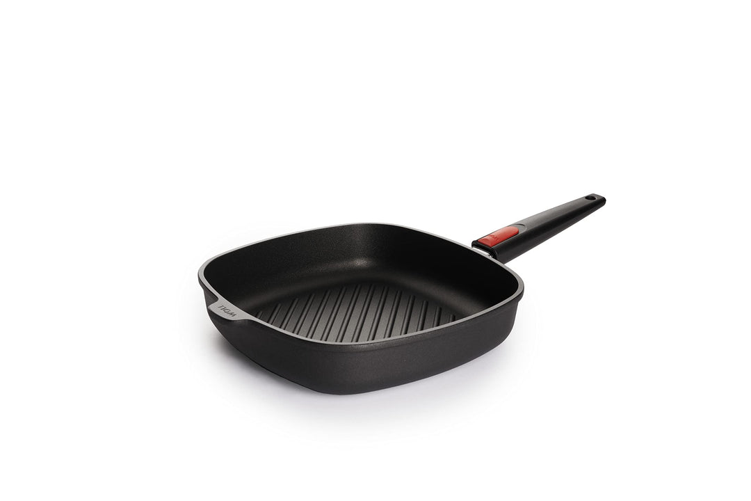 Grillpfanne Aluminiumguss 28x28 cm mit Rillen &amp; abnehmbarem Stiel