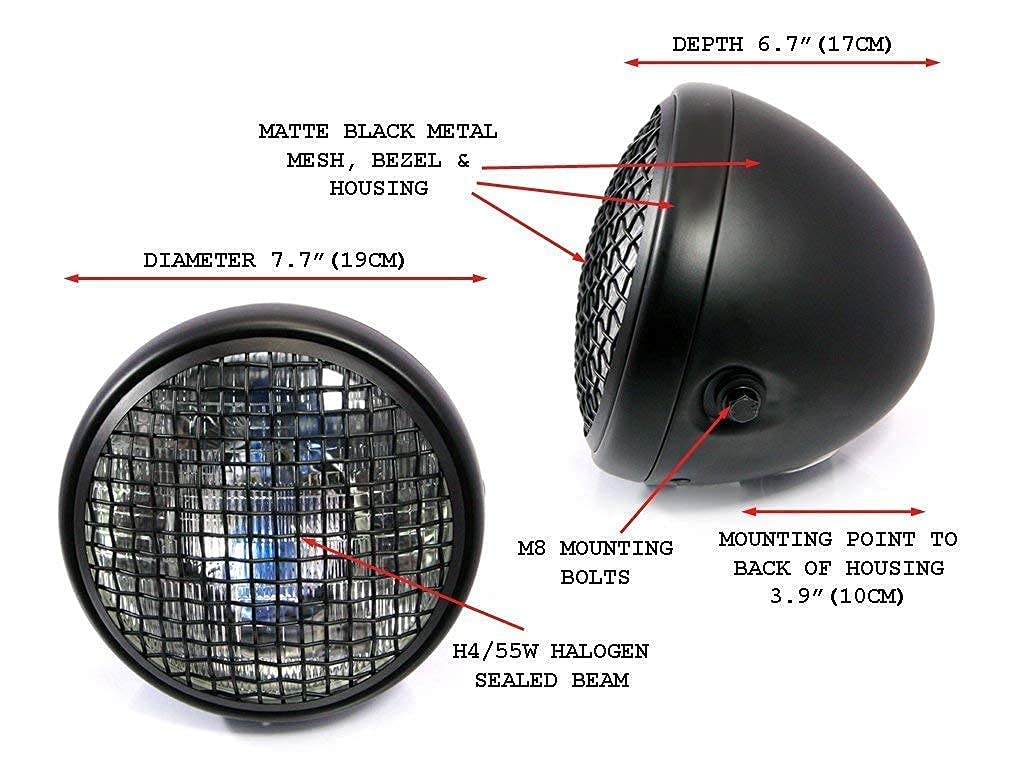 Motorrad Scheinwerfer H4 Retro 7.7" Metall Netz-Grill Mattschwarz - Bild 2