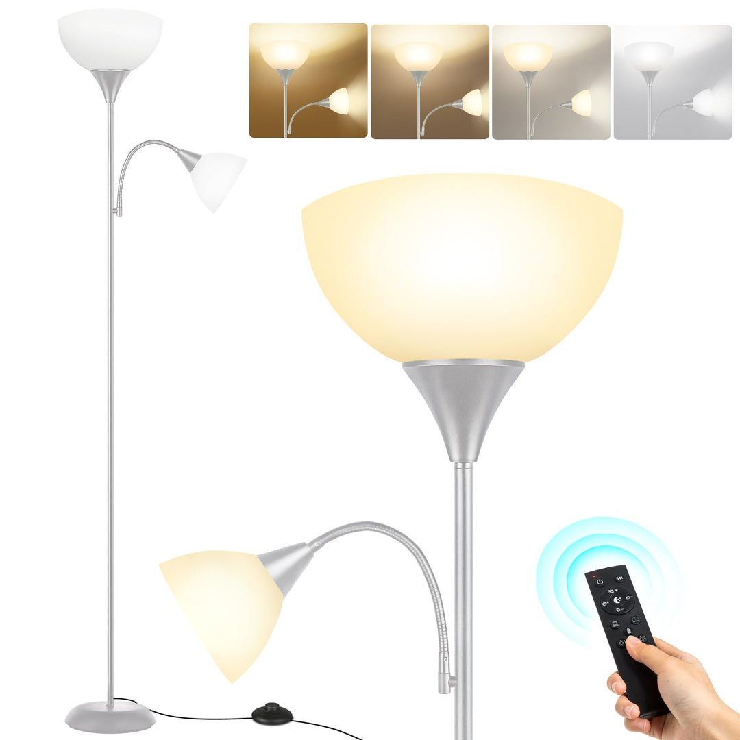 Stehlampe mit Leselampe 2-in-1 Deckenfluter dimmbar 182 cm Silber